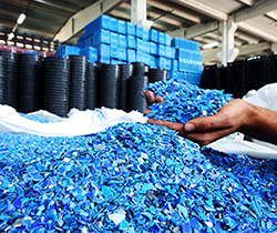 blue plastic tags recycled at waste facility