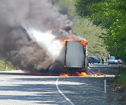 truck carrying dangerous goods on fire