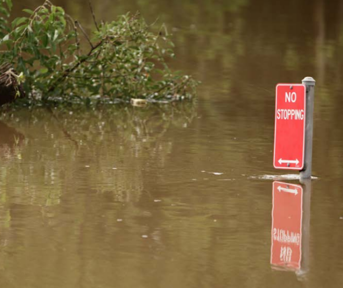 No stopping sign submerged in flood water.