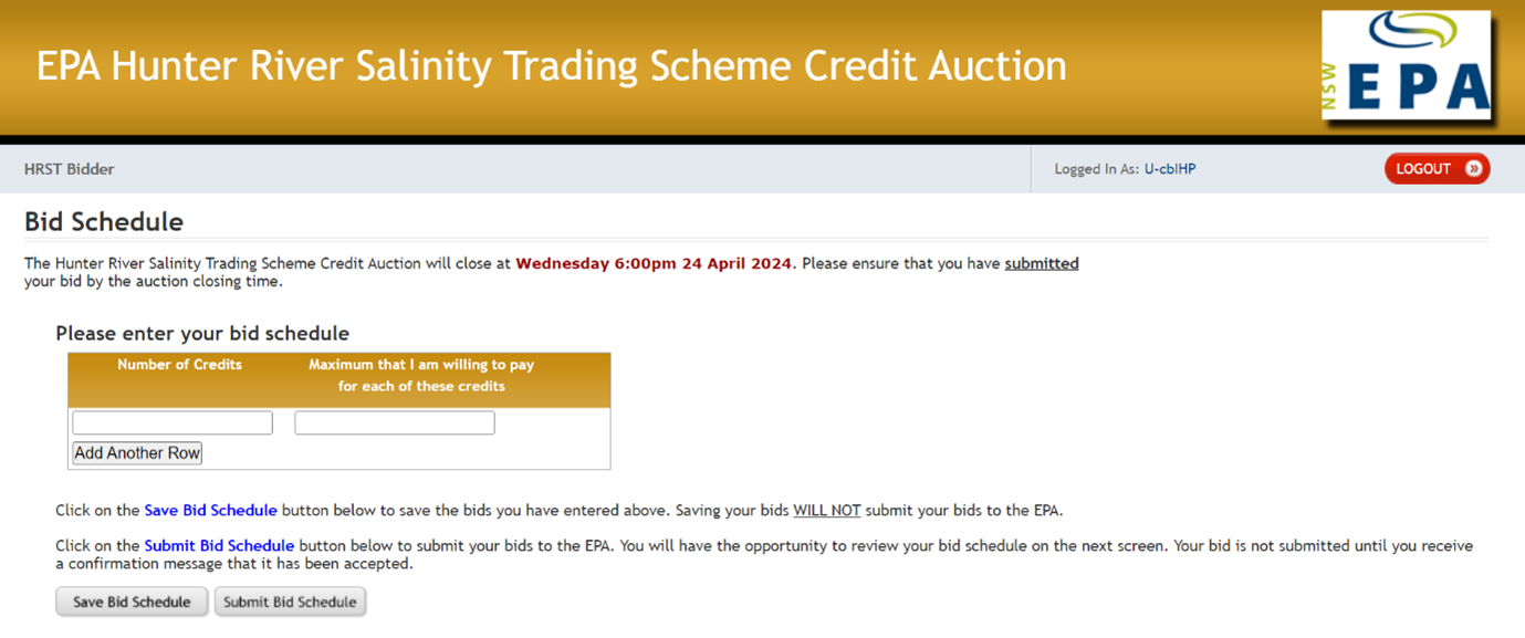 Hunter River Salinity Trading Scheme credit auction bid schedule