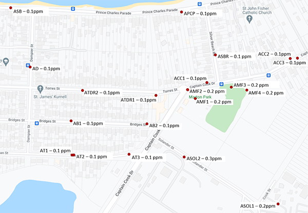 Map showing Kurnell air sampling sites and results. This information is also in the table above.