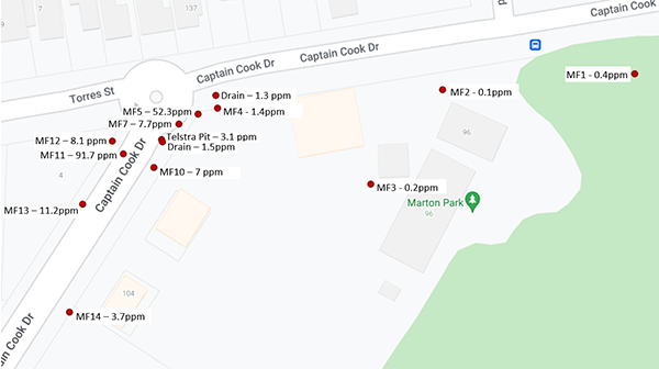 Map showing Kurnell soil sampling sites and results. This information is also in the table above.