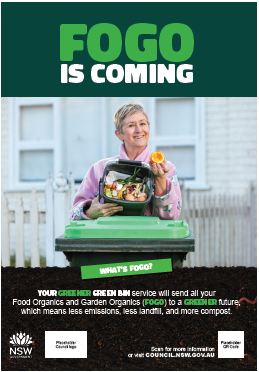 Poster: FOGO is coming with lady putting organic scraps into green bin
