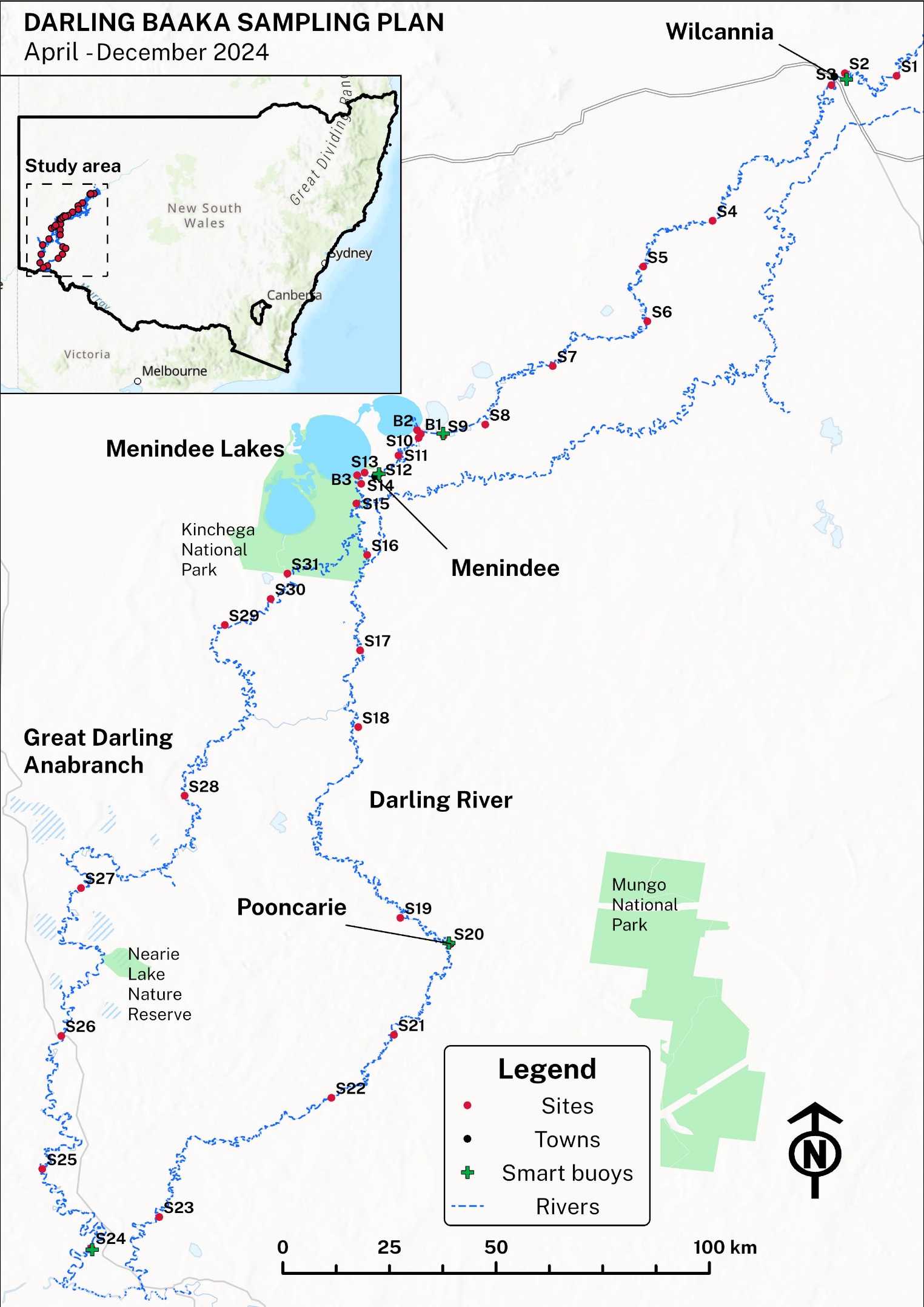 Sample sites for the Darling-Baaka River health project April 2024 - June 2024